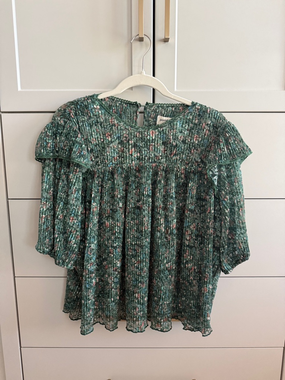 Porridge Green Floral Smocked Yoke Ruffle Sleeve Blouse